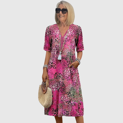 Printed V Neck Elegant A Line Midi Dress