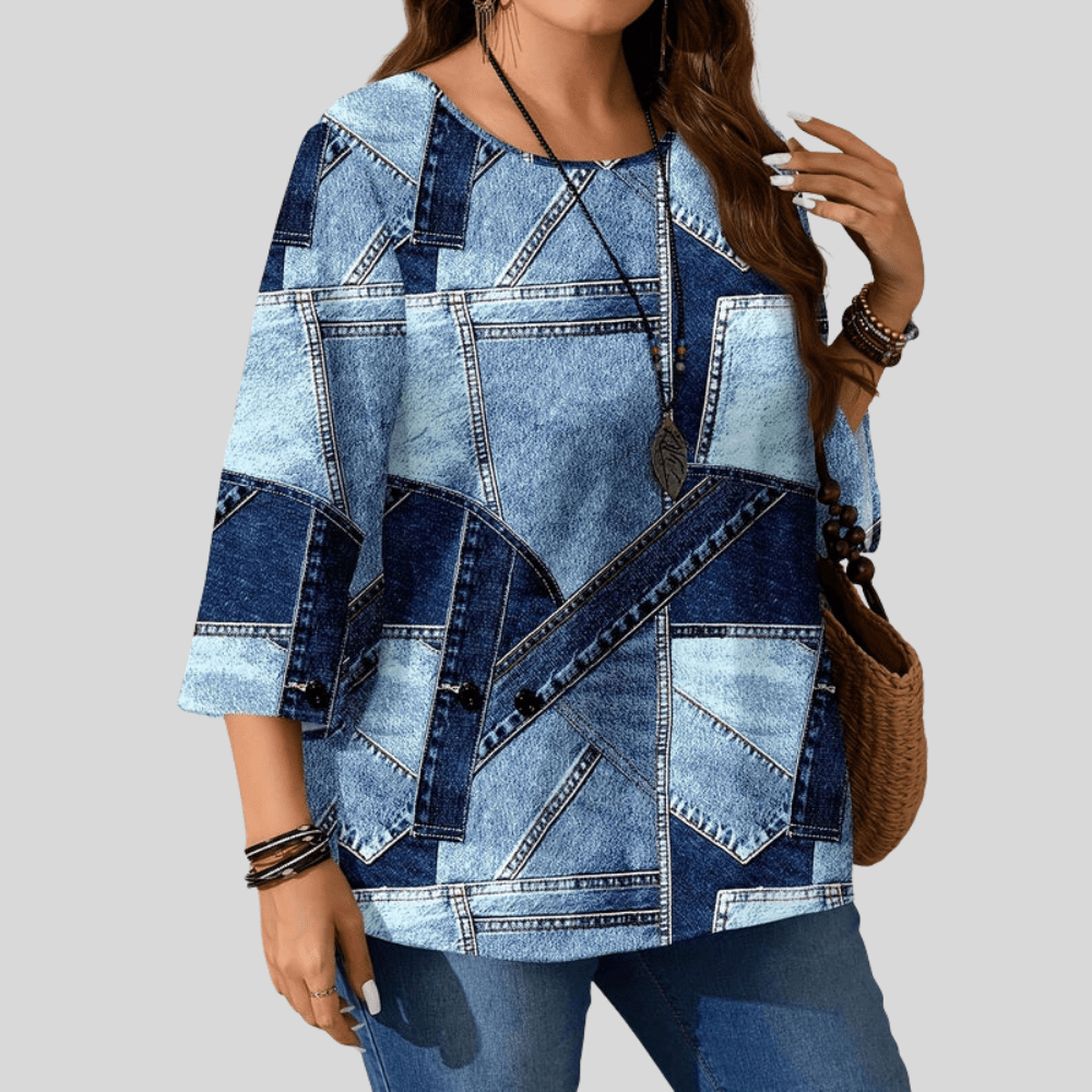 Casual Denim Blouse Round Neck