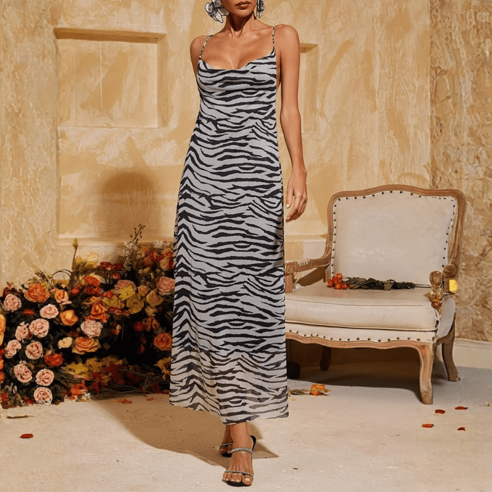 Maxikleid mit Zebramuster, quadratischem Ausschnitt und Trägern