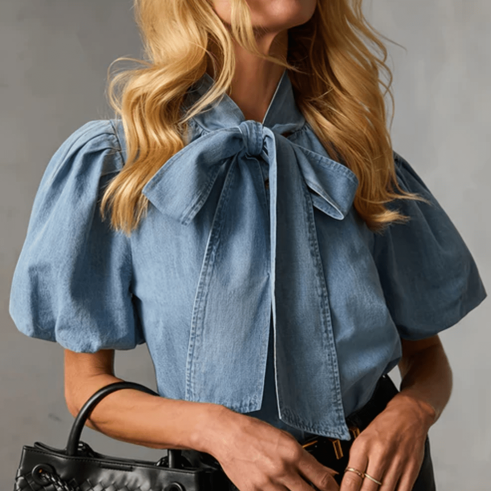 Chic Denim Bow Tie Blouse