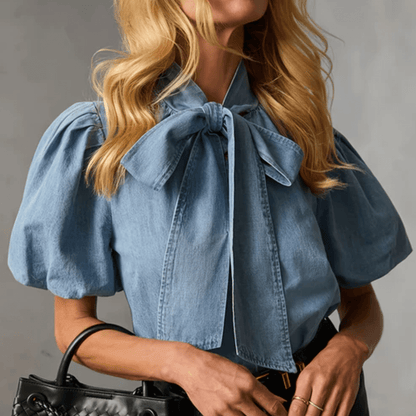 Chic Denim Bow Tie Blouse
