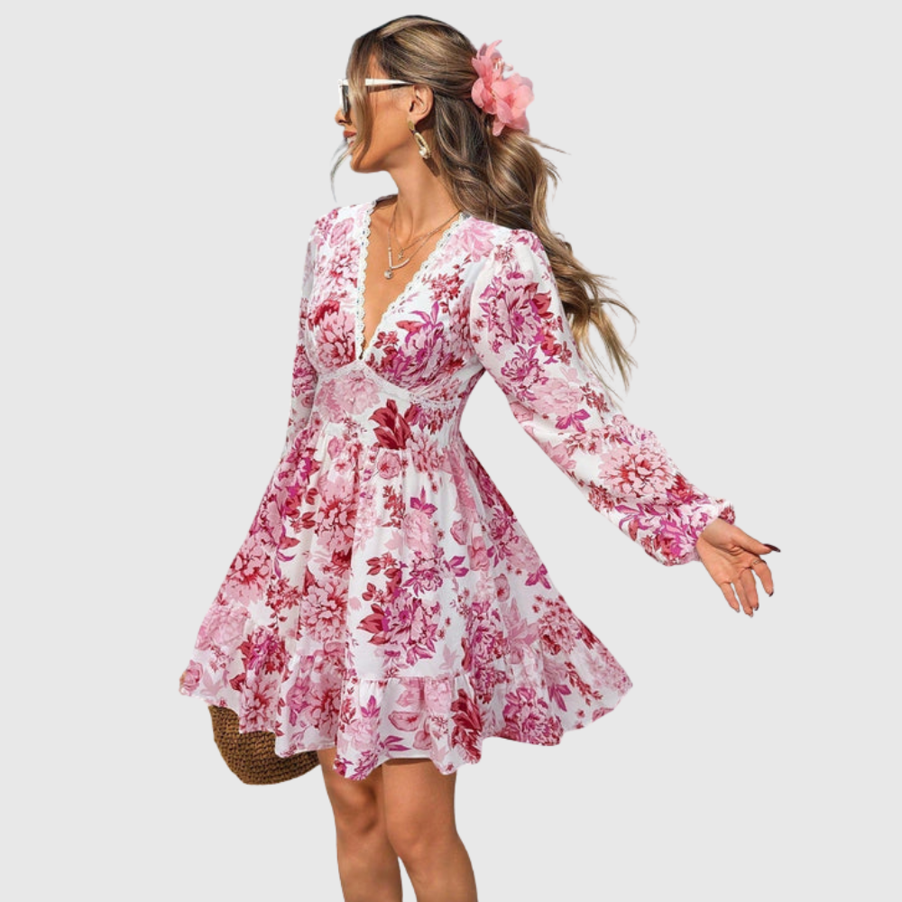 Floral V-Neck Flounce Hem Dress