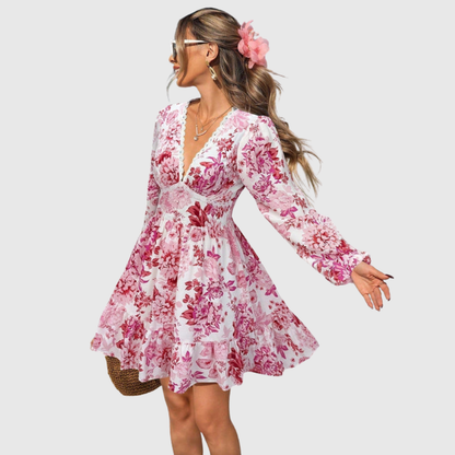 Floral V-Neck Flounce Hem Dress