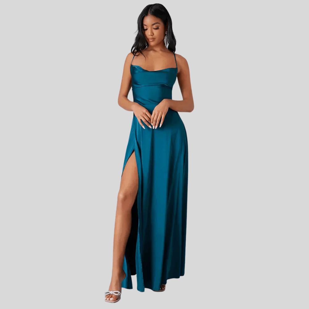 Backless Draped Neck Evening Gown