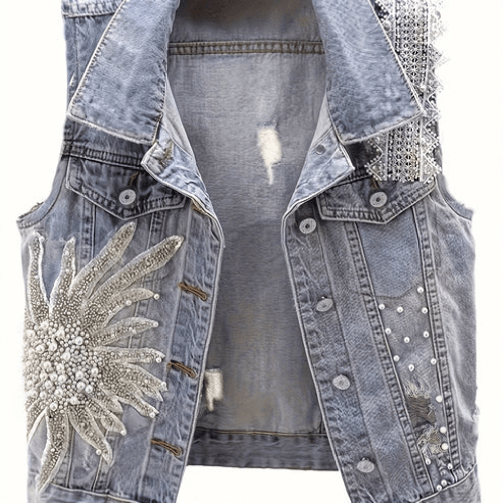 Perlenbesetzte Blumen-Denim-Weste