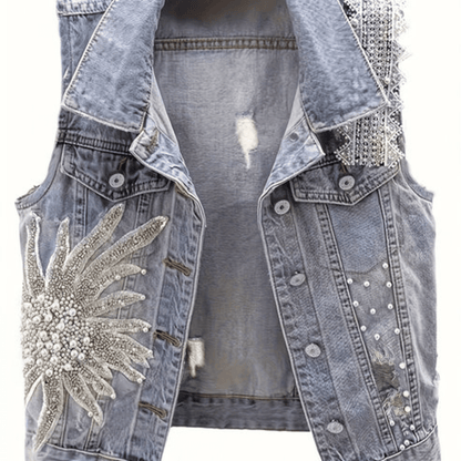 Perlenbesetzte Blumen-Denim-Weste