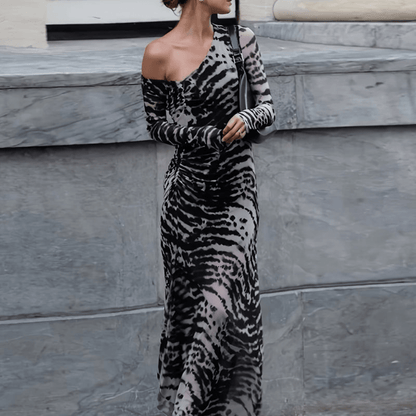 Zebra Print Off Shoulder Bodycon Maxi Dress