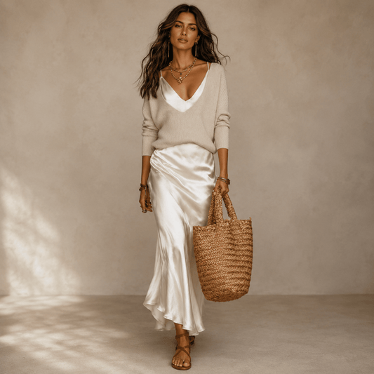 Conjunto de falda midi suave y suéter  