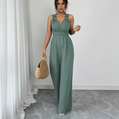 V Neck Wide Leg Jumpsuits