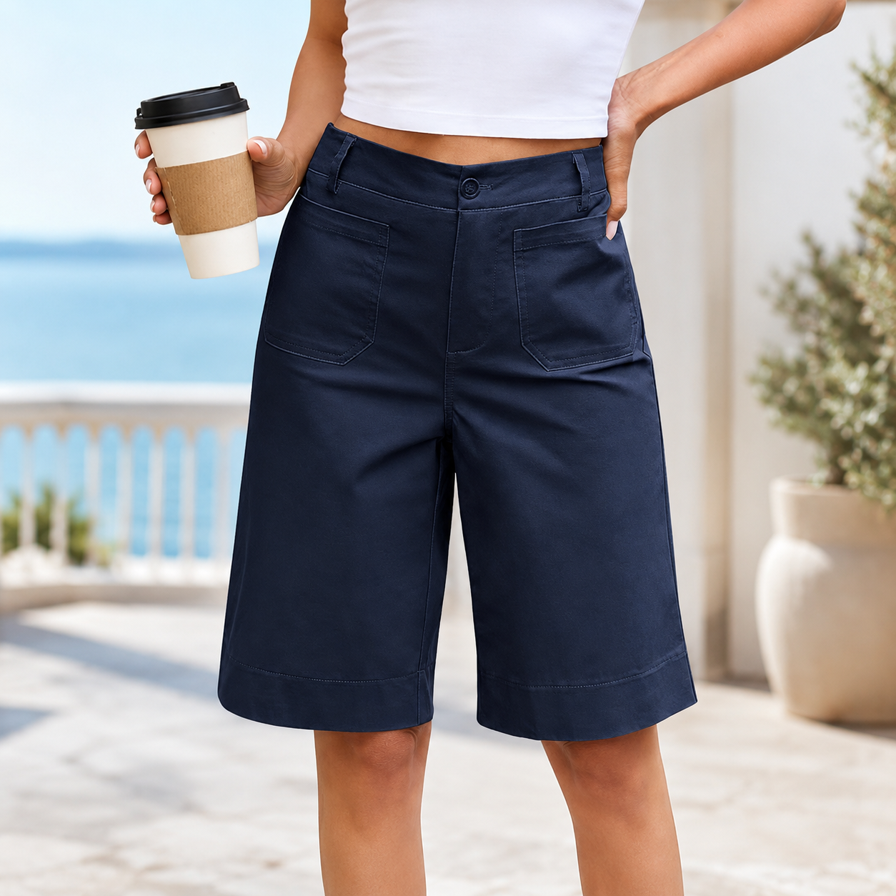 High Waisted Chino Bermuda Shorts