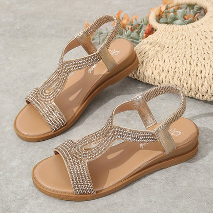 Rhinestone T Strap Wedge Sandals