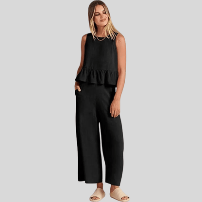 Sleeveless Pleated Vest And Wide Leg Pants Set