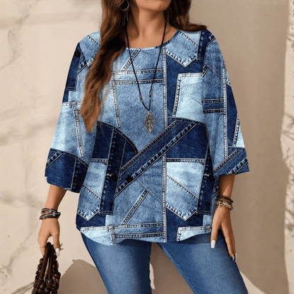 Casual Denim Blouse Round Neck