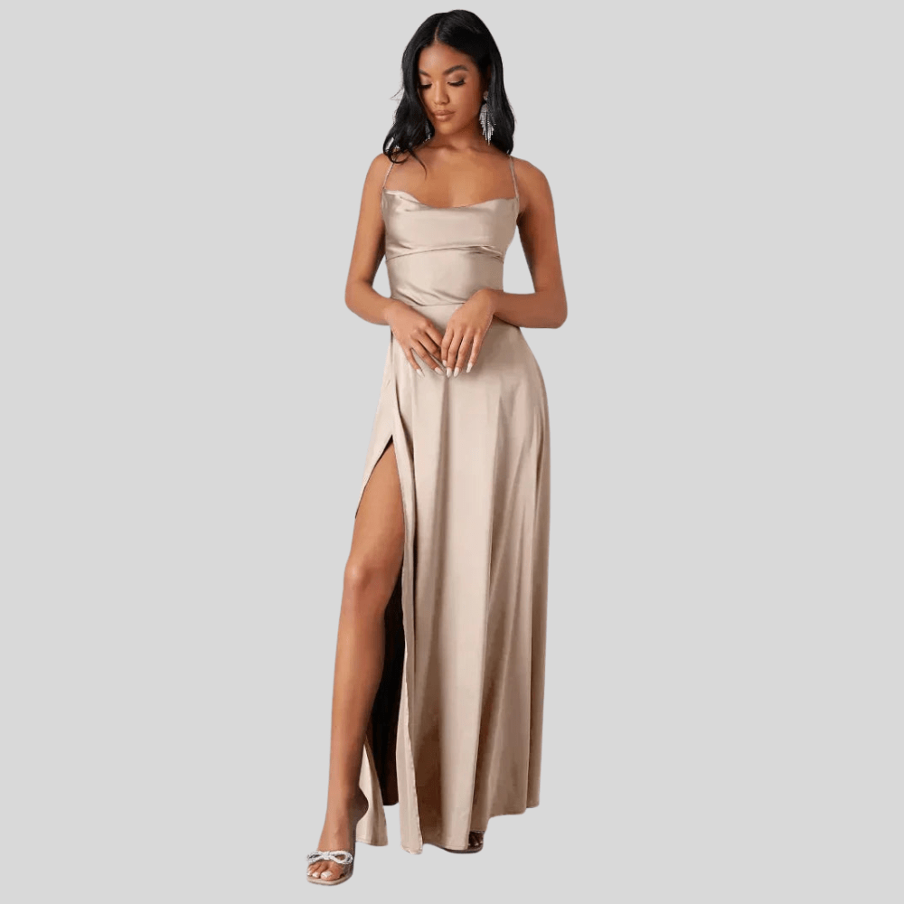 Backless Draped Neck Evening Gown