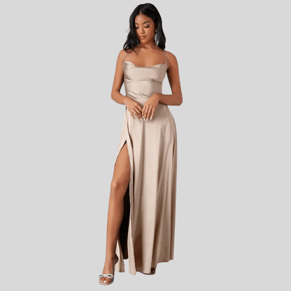 Backless Draped Neck Evening Gown