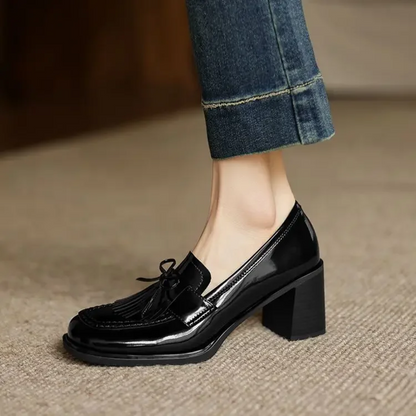 Tassel Bow Loafers with Block Heel