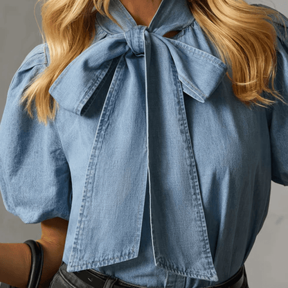 Chic Denim Bow Tie Blouse