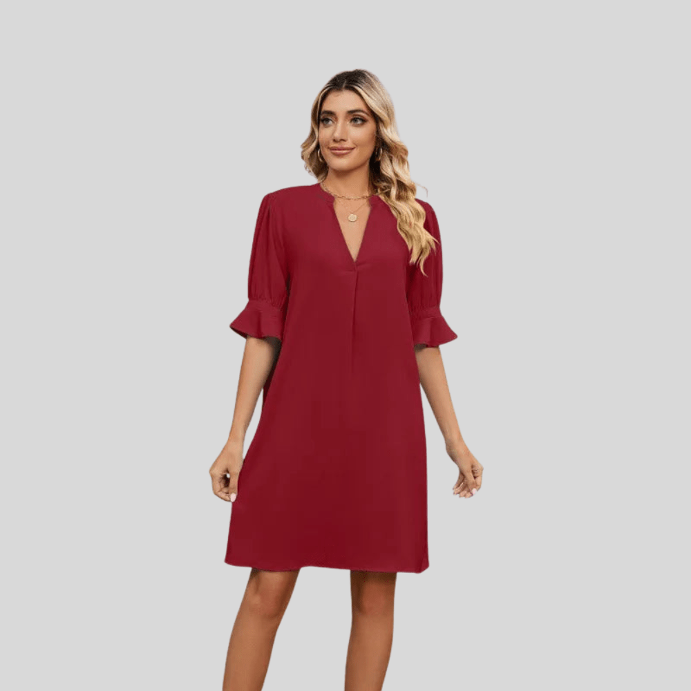 V Neck Pleated Loose Midi Dress