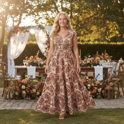 Fließendes Maxikleid mit V-Ausschnitt und tailliertem Bund