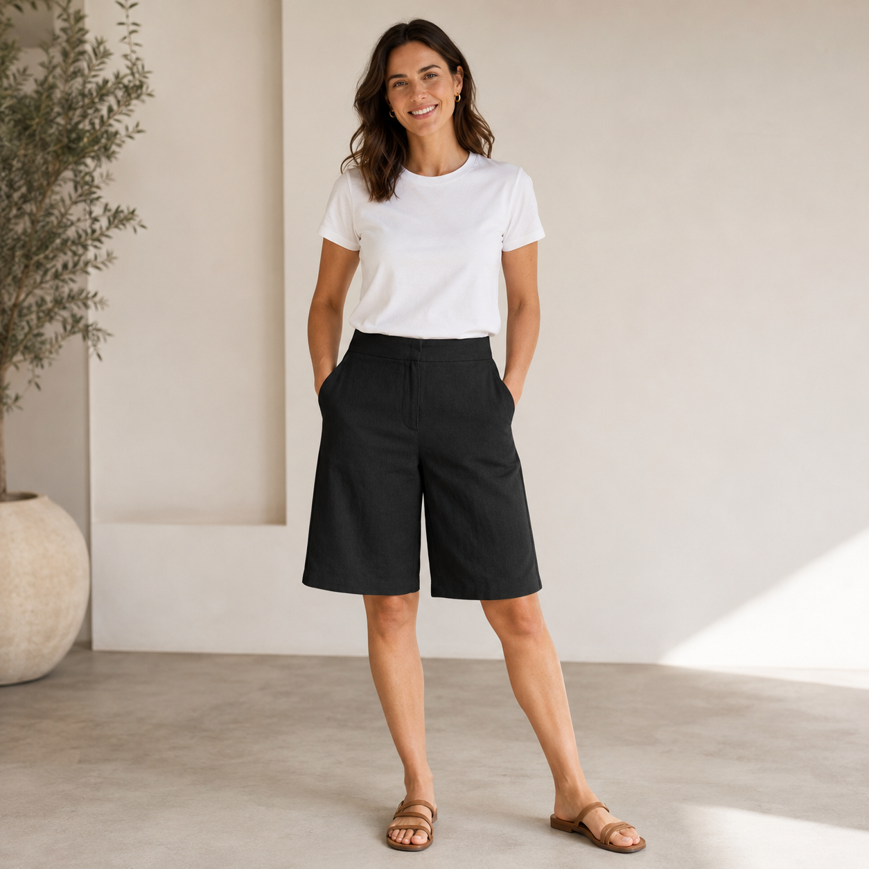 Elastic Waist Knee Length Casual Shorts