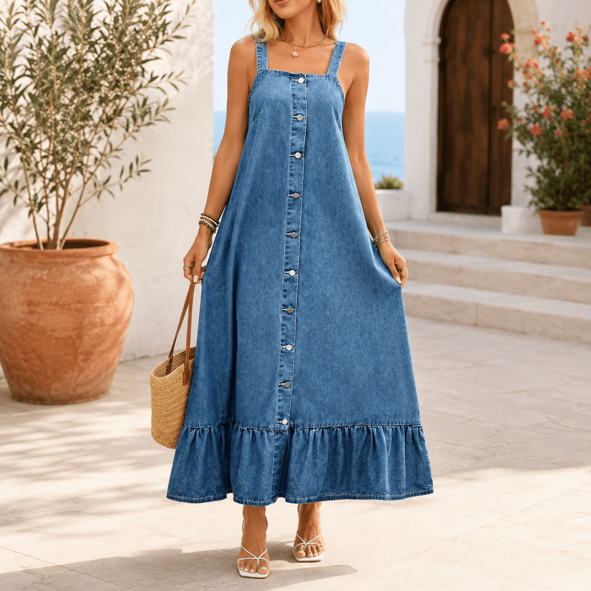 Washed Denim Button Front Maxi Dress