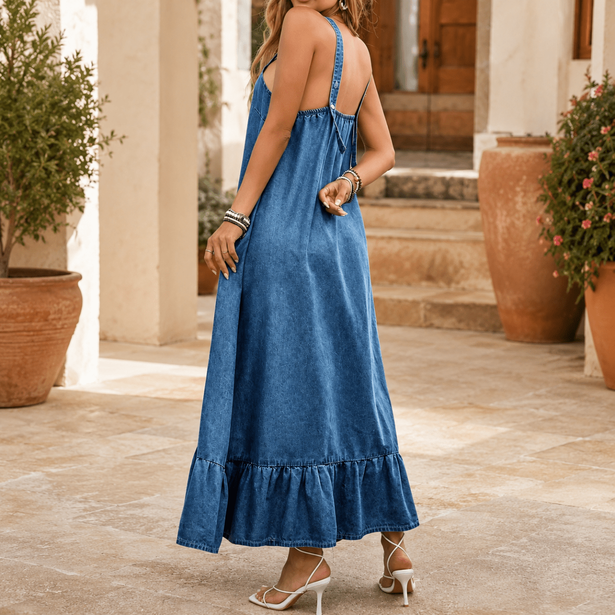 Washed Denim Button Front Maxi Dress