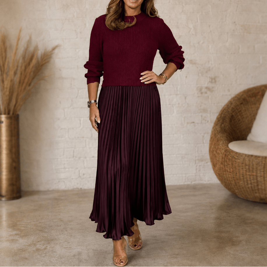 Kira | Women's Knit Pleated Maxi Dress with Flowing Skirt