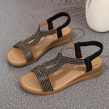 Rhinestone T Strap Wedge Sandals