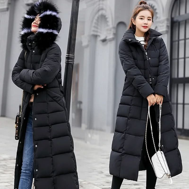 Noa | Abrigo largo acolchado de invierno para mujer con capucha de pelo y cinturón