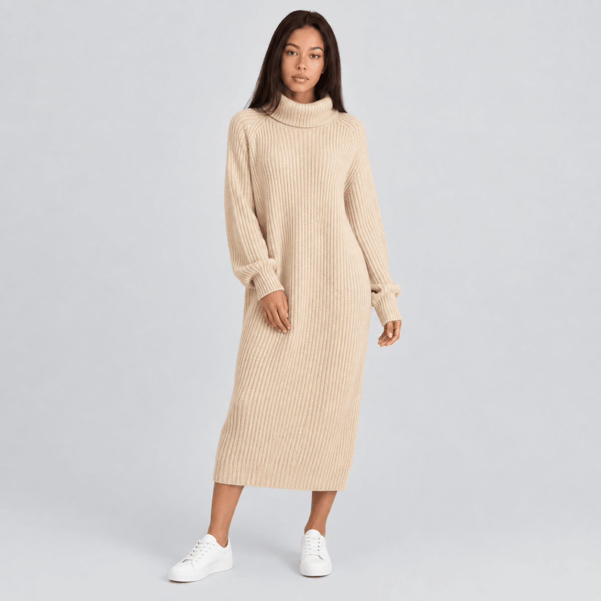 Quinn | Women's Chunky Ribbed Turtleneck Midi Dress
