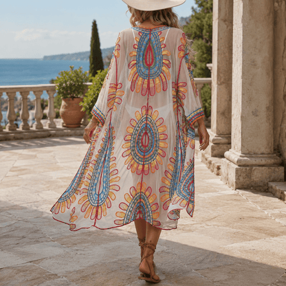Bohemian Embroidered Sunflower Kimono Beach Cover-Up