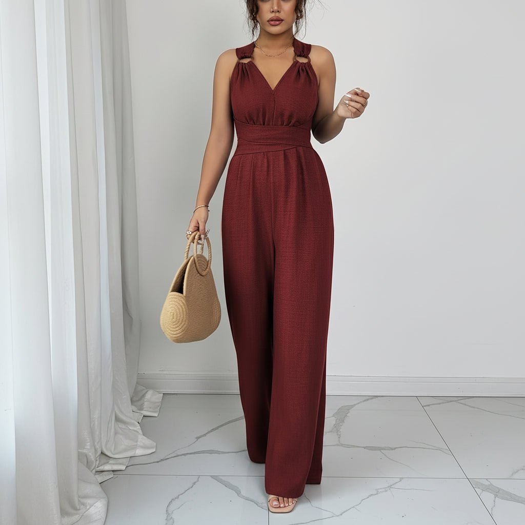 V Neck Wide Leg Jumpsuits