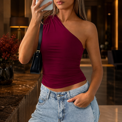 One Shoulder Ruched Crop Top