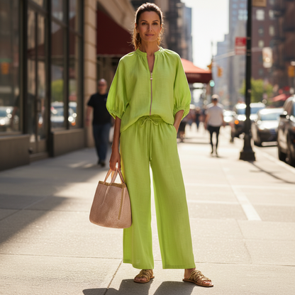 Blouson Sleeve Wide-Leg Trouser Set