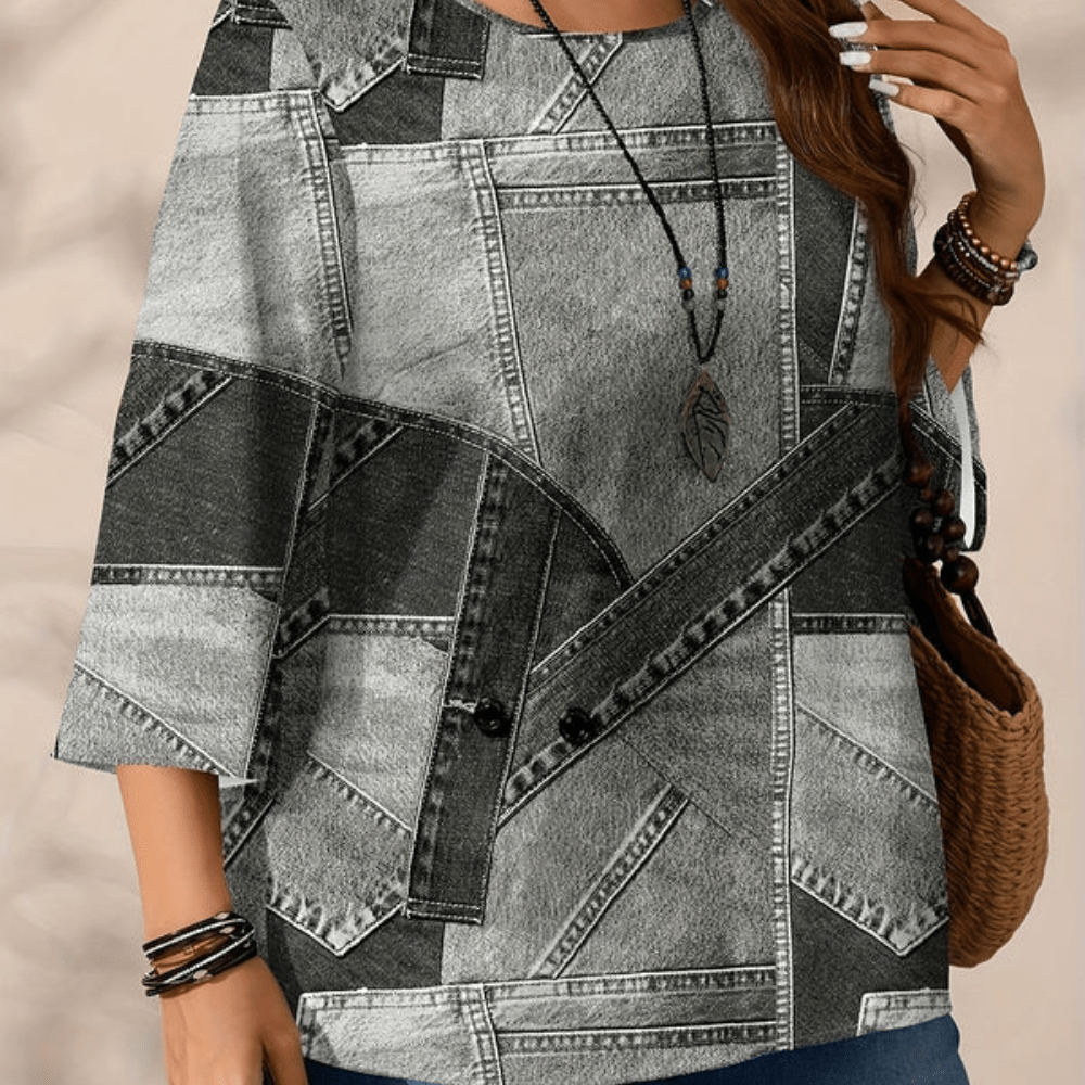 Casual Denim Blouse Round Neck