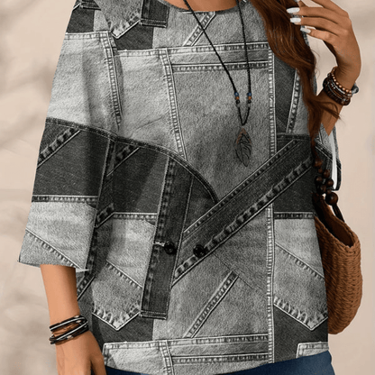 Casual Denim Blouse Round Neck