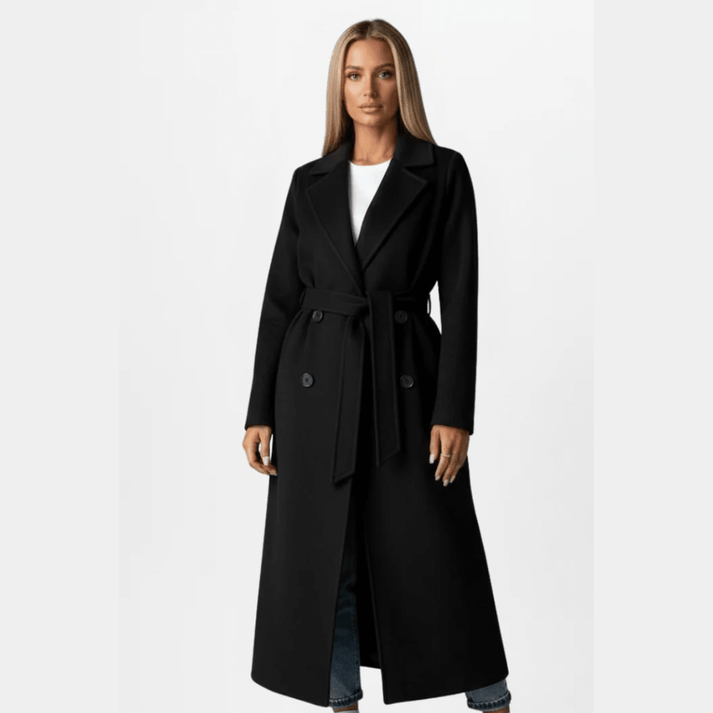 Polished Wool Coat Double Breasted with Belt
