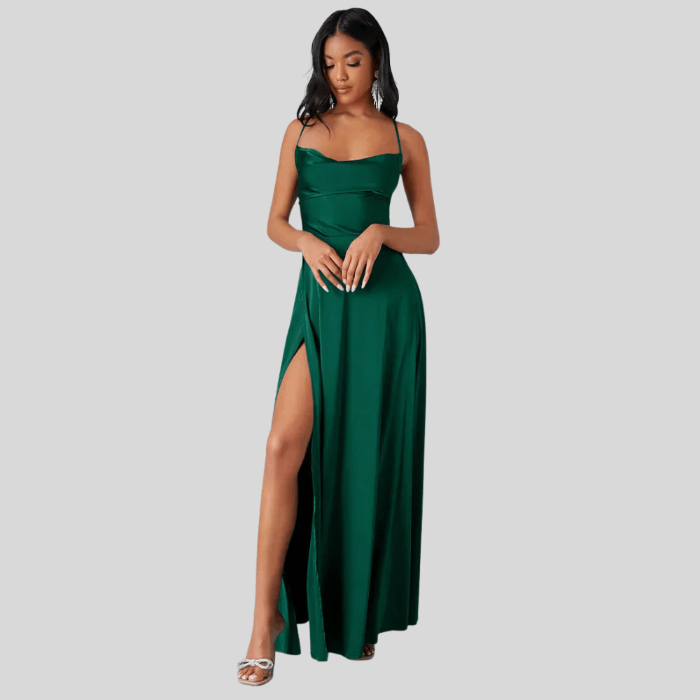 Backless Draped Neck Evening Gown