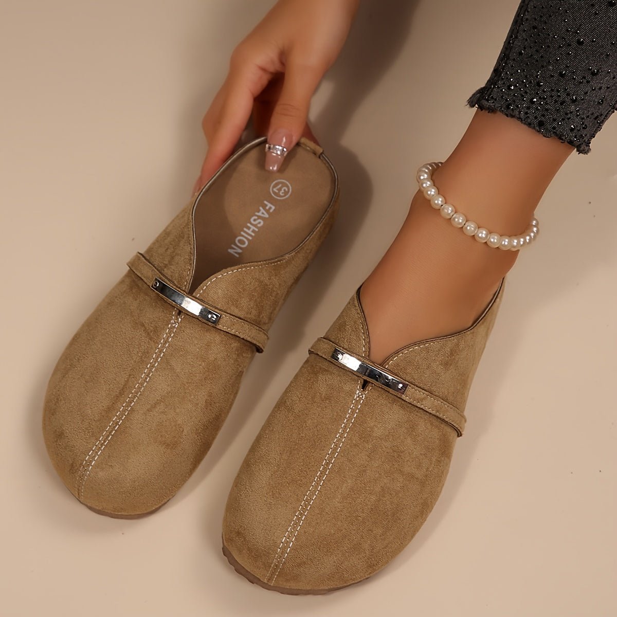 Metallic Buckle Slip On Mule Flats