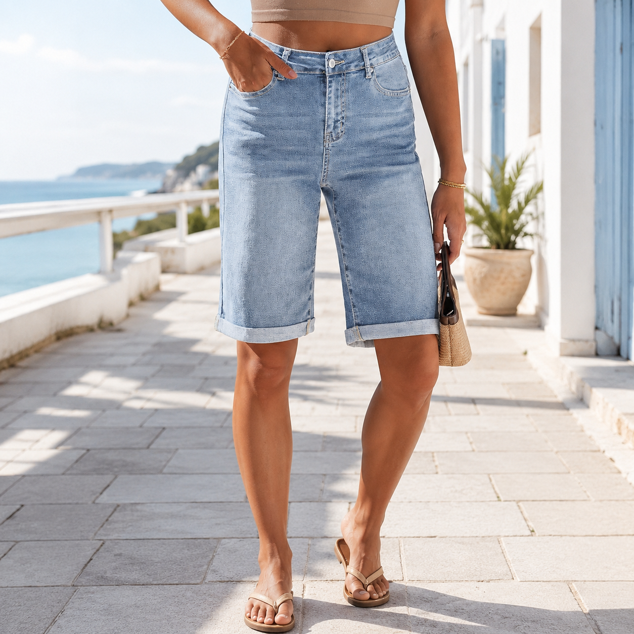 High Waisted Bermuda Denim Shorts