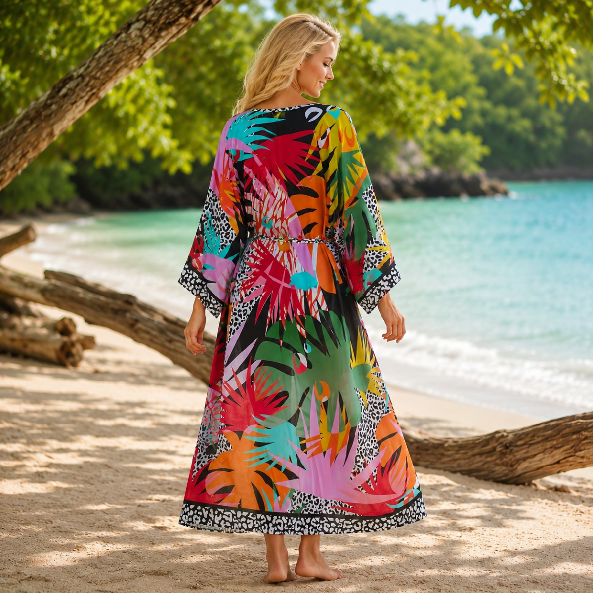 Tropical Kimono Cover Up Maxi Dress