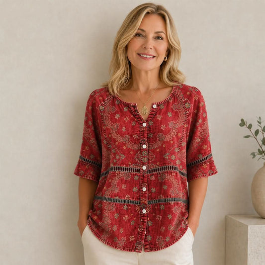 Vintage Print V-Neck Top