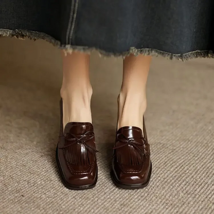 Tassel Bow Loafers with Block Heel