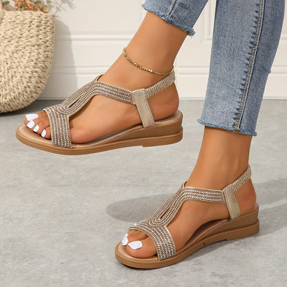Rhinestone T Strap Wedge Sandals