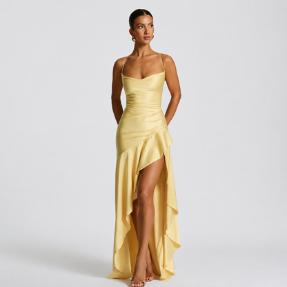 Asymmetric Ruched Split Maxi Dress