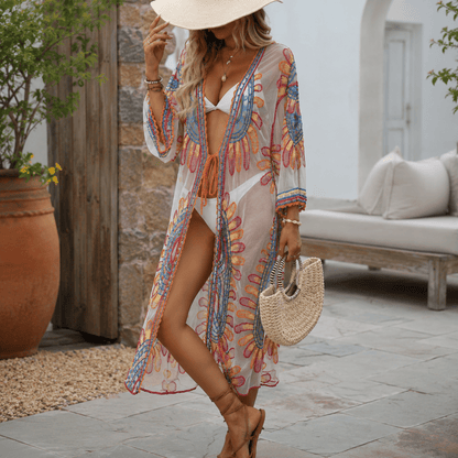Bohemian Embroidered Sunflower Kimono Beach Cover-Up
