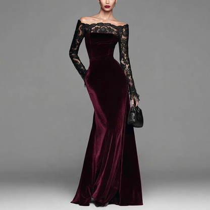 Faye | Maxikleid aus Winter-Samt mit Spitzenärmeln für Damen