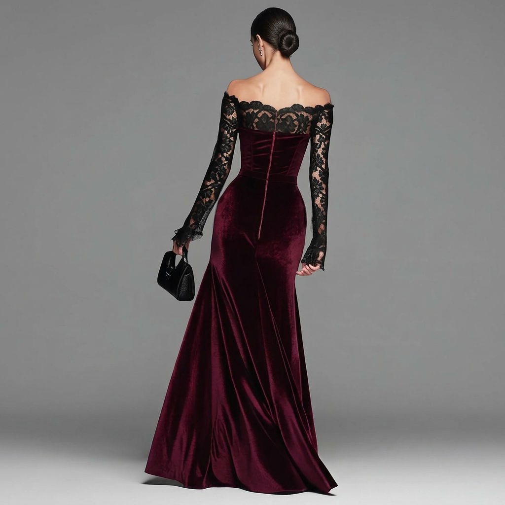 Faye | Maxikleid aus Winter-Samt mit Spitzenärmeln für Damen