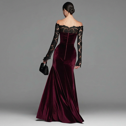 Faye | Maxikleid aus Winter-Samt mit Spitzenärmeln für Damen