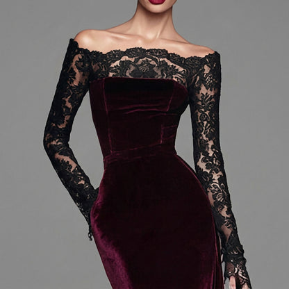 Faye | Maxikleid aus Winter-Samt mit Spitzenärmeln für Damen